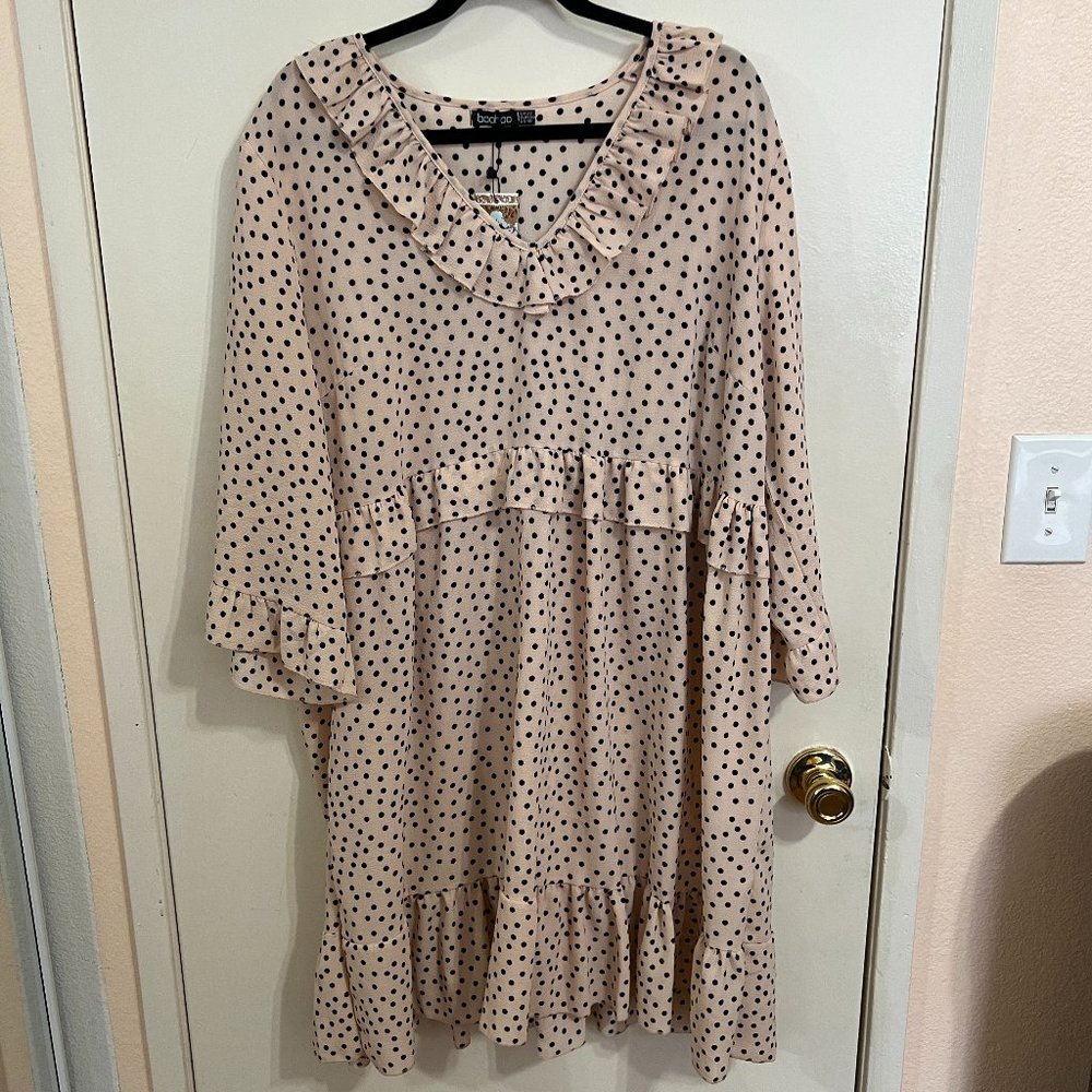NWT Boohoo Plus Polka Dot Kimono Sleeve Smock Dress Size 18 Blush Pink Black